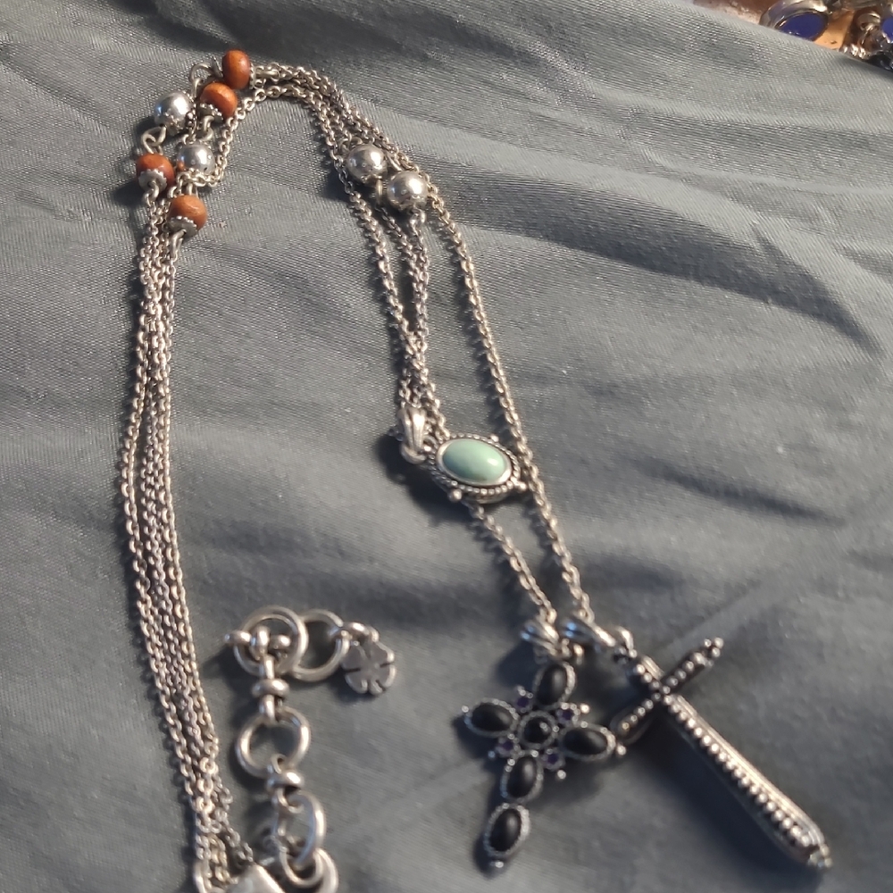 Lucky Brand Silver Toned Cross Pendant Necklace with Turquoise Accent